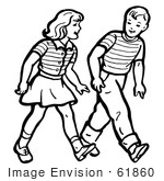 #61860 Clipart Of A Retro Boy And Girl Walking In Black And White - Royalty Free Vector Illustration
