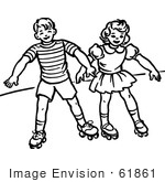 #61861 Clipart Of A Retro Boy And Girl Roller Skating In Black And White - Royalty Free Vector Illustration