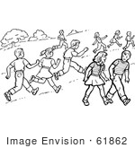 #61862 Clipart Of Retro Boys And Girls Running And Walking In A Park In Black And White - Royalty Free Vector Illustration