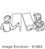 #61863 Clipart Of A Retro Boy And Girl With Art Easels In Black And White - Royalty Free Vector Illustration