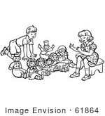 #61864 Clipart Of A Retro Boy And Girl Playing With Dolls In Black And White - Royalty Free Vector Illustration