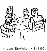 #61865 Clipart Of A Family Eating Supper At A Table In Black And White - Royalty Free Vector Illustration