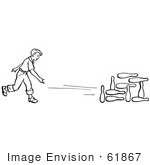 #61867 Clipart Of A Retro Boy Bowling In Black And White - Royalty Free Vector Illustration