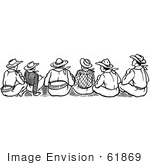 #61869 Clipart Of A Rear View Of Cowboys Sitting In Black And White - Royalty Free Vector Illustration