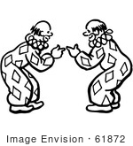 #61872 Clipart Of Clowns Bending Over And Pointing At Each Other In Black And White - Royalty Free Vector Illustration