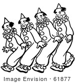 #61877 Clipart Of Clowns Walking Or Dancing In Black And White - Royalty Free Vector Illustration