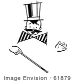 #61879 Clipart Of A Happy Retro Boy With A Mustache And Magic Wand In Black And White - Royalty Free Vector Illustration