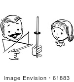 #61883 Clipart Of A Girl Watching A Boy Perform A Rising Ring Magic Trick In Black And White - Royalty Free Vector Illustration