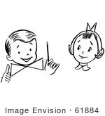 #61884 Clipart Of A Girl Watching A Boy Perform A Magic Dial Magic Trick In Black And White - Royalty Free Vector Illustration
