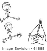 #61888 Clipart Of A Happy Retro Boy Performing Steps Of A Buttonhole Roll Magic Trick In Black And White - Royalty Free Vector Illustration