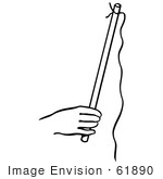 #61890 Clipart Of A Hand Holding A Stick With A String For A Rising Ring Magic Trick In Black And White - Royalty Free Vector Illustration