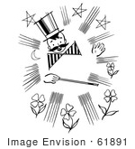 #61891 Clipart Of A Happy Retro Magician Boy With A Mustache And Wand In Black And White - Royalty Free Vector Illustration