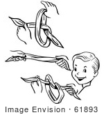 #61893 Clipart Of Steps Of A Retro Boy Performing A Vanishing Knot Magic Trick In Black And White - Royalty Free Vector Illustration