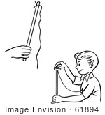 #61894 Clipart Of A Happy Retro Boy Magician Perfoming A Rising Ring Trick Black And White - Royalty Free Vector Illustration