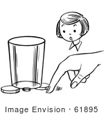 #61895 Clipart Of A Girl Watching A Boy Perform A Moving Coin Magic Trick In Black And White - Royalty Free Vector Illustration