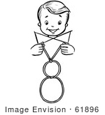 #61896 Clipart Of A Happy Retro Boy Performing A Vanishing Loop Magic Trick In Black And White - Royalty Free Vector Illustration