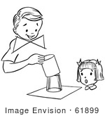 #61899 Clipart Of A Girl Watching A Boy Perform A Magic Glass Magic Trick In Black And White - Royalty Free Vector Illustration