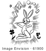 #61900 Clipart Of A Magic Rabbit And Items In Black And White - Royalty Free Vector Illustration