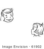 #61902 Clipart Of A Girl Watching A Boy Perform A Mind Reading Magic Trick In Black And White - Royalty Free Vector Illustration