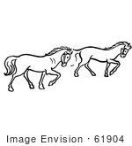 #61904 Clipart Of Two Trotting Horses In Black And White - Royalty Free Vector Illustration