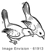 #61913 Clipart Of Birds Pecking The Ground In Black And White - Royalty Free Vector Illustration