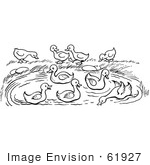 #61927 Clipart Of A Pond With Ducks In Black And White - Royalty Free Vector Illustration