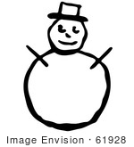 #61928 Clipart Of A Snowman With A Top Hat And Stick Arms In Black And White - Royalty Free Vector Illustration