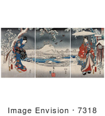 #7318 Photo Of A Geisha Woman In A Gown And A Man Holding An Umbrella In A Snowy Landscape