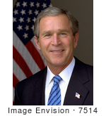 #7514 Stock Photo Of A Portrait Of The 43rd American President George W Bush Smiling And Posed In Front Of An American Flag