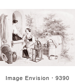 #9390 Picture Of Women Stitching And Using A Spinning Wheel
