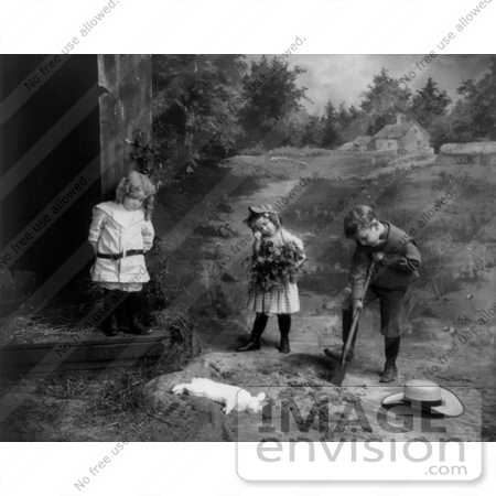 #11058 Picture of Sad Children Burying a Dead Pet Bunny Rabbit by JVPD