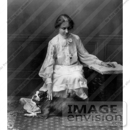 #11259 Picture of Helen Keller Reading Braille and Petting a Dog by JVPD