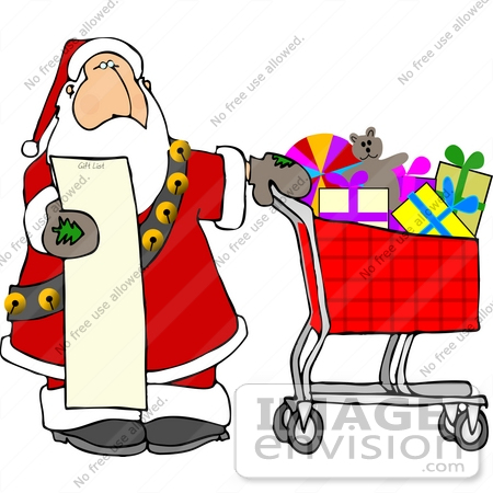 #12518 Santa With a Shopping List and a Cart Full of Toys Clipart by DJArt