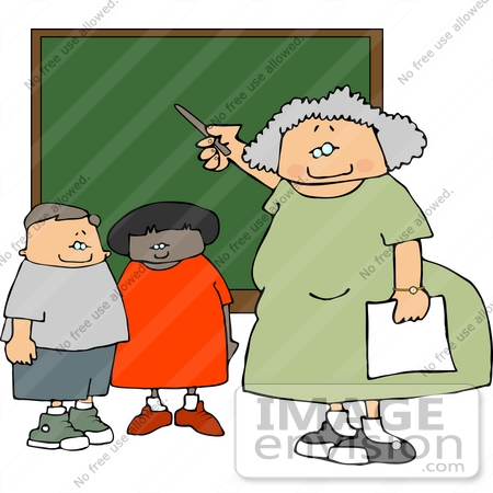 #12707 Teacher and Two Students by Chalk Board in a Classroom Clipart by DJArt