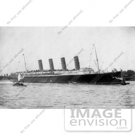 #12832 Picture of a Tugboat and RMS Lusitania in Harbor by JVPD