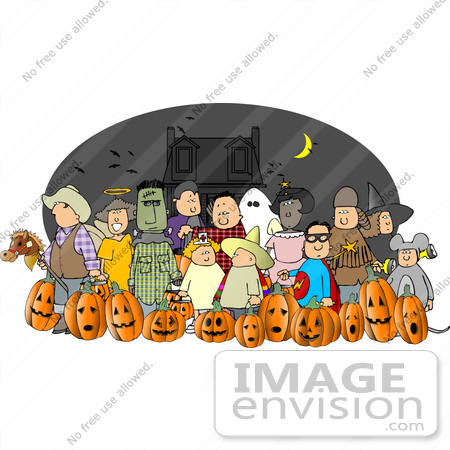#13055 Large Group of Trick or Treaters in Costumes on Halloween Near a Haunted House Clipart by DJArt