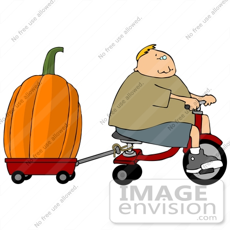 #13208 Boy Hauling a Giant Pumpkin With a Tricycle and Red Wagon Clipart by DJArt