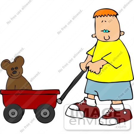 #13326 Boy Pulling a Teddy Bear in a Red Wagon Clipart by DJArt