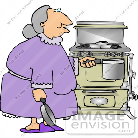 #13363 Old Woman Cooking With an Antique Stove Clipart by DJArt