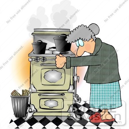 #13364 Old Caucasian Woman Using a Very Old Wood Kitchen Stove Clipart by DJArt