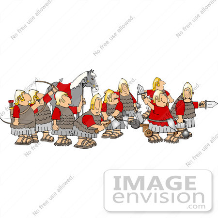 #14444 Group of Roman Soldiers and Horse Using Flail Ball and Chains, Bows and Arrows, Catapults, Axes, and Swords Clipart by DJArt