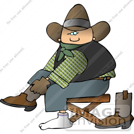 #14597 Caucasian Cowboy Putting Socks on Over His Boots Clipart by DJArt