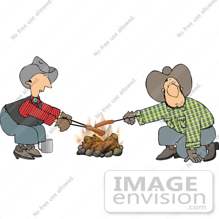 #14619 Two Caucasian Cowboys Roasting Hot Dogs Over a Campfire Clipart by DJArt