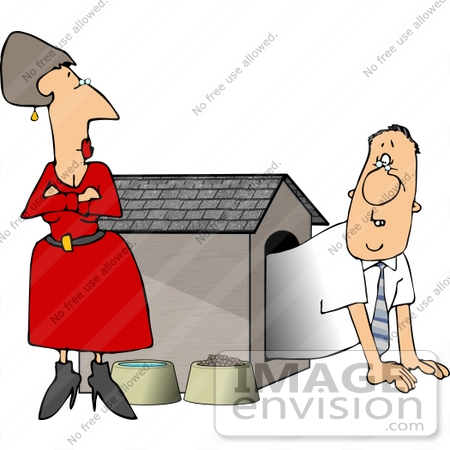 #14783 Caucasian Couple Having Marital Problems, Man in a Dog House Clipart by DJArt