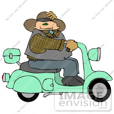 #15813 Caucasian Cowboy Man Riding a Green Motor Scooter Clipart by DJArt