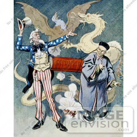 #16197 Picture of Uncle Sam and a Chinese Man With a Firecracker, Dragon and Eagle by JVPD