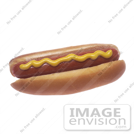 #16988 Picture of One Whole Hot Dog With Mustard in a Bun Over a White Background by JVPD