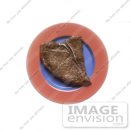 #17113 Picture of a Large Slab of Cooked Steak on a Blue and Pink Plate by JVPD