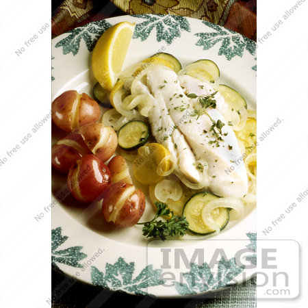 #17146 Picture of a Fish Meal Served With Boiled Potatoes, Steamed Zucchini and Squash and a Spring of Parsley With a Lemon Slice by JVPD