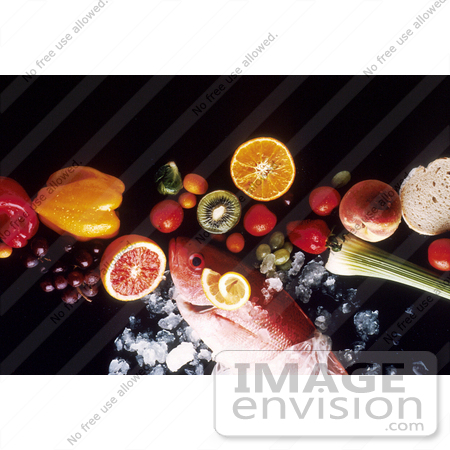 #17159 Picture of a Fish on Ice With Fruits and Vegetables on a Black Background by JVPD